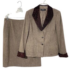 Kasper 2-piece suit 18 wool blend Removeable Faux lamb Fur Collar Cuffs brown